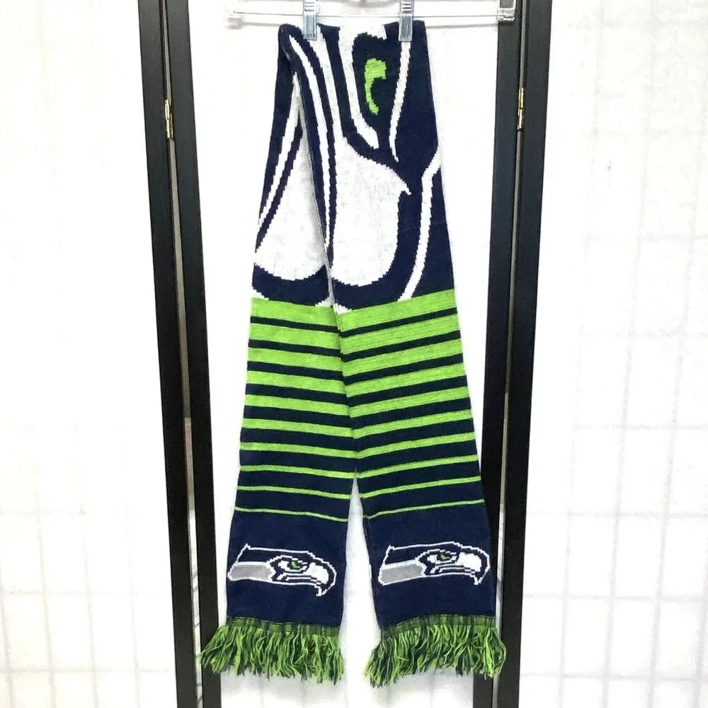NFL Seattle Seahawks Double Side Stripe Sea Hawk Design Wrap Fringed Knit Scarf